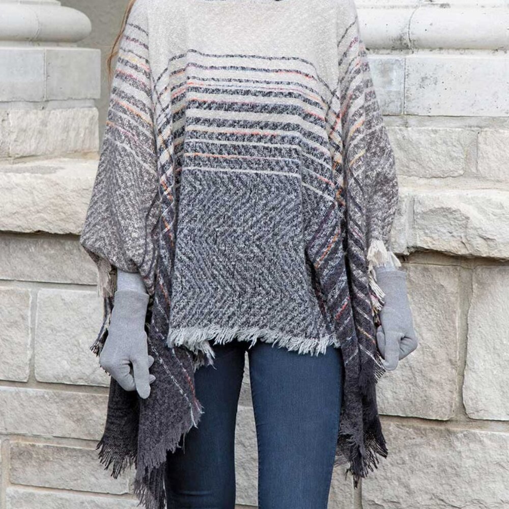 Poncho Hooded Super Soft Knit Shawl Gray Stripe Modern Boho Chic One Size NWT